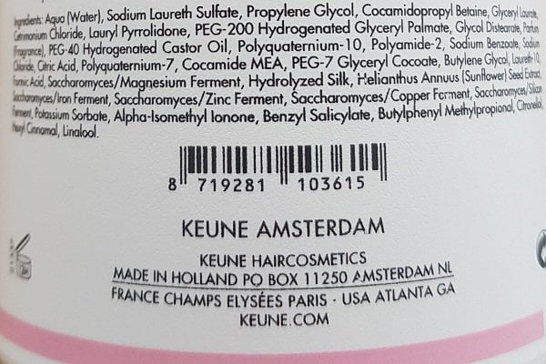 Šampūnas dažytų plaukų apsaugai Keune Care 300ml sudedamosios dalys
