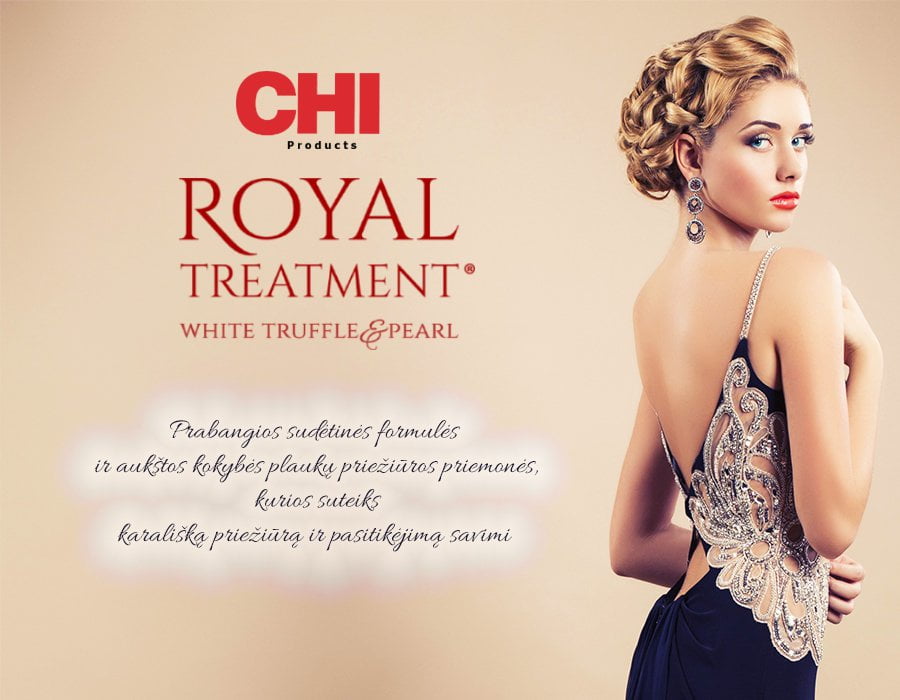 CHI Royal Treatment - aukščiausios kokybės plaukų priežiūros produktų linija, kuri suteikia jūsų plaukams ypatingą švelnumą, blizgesį ir sveikatą. Šie produktai naudoja inovatyvius ingredientus ir unikalias formulės, kad būtų pasiekti puikūs rezultatai. Švelniai drėkinantys ir maitinantys produktai atkuria pažeistus plaukus, stiprina ir apsaugo juos nuo kenksmingų išorinių veiksnių